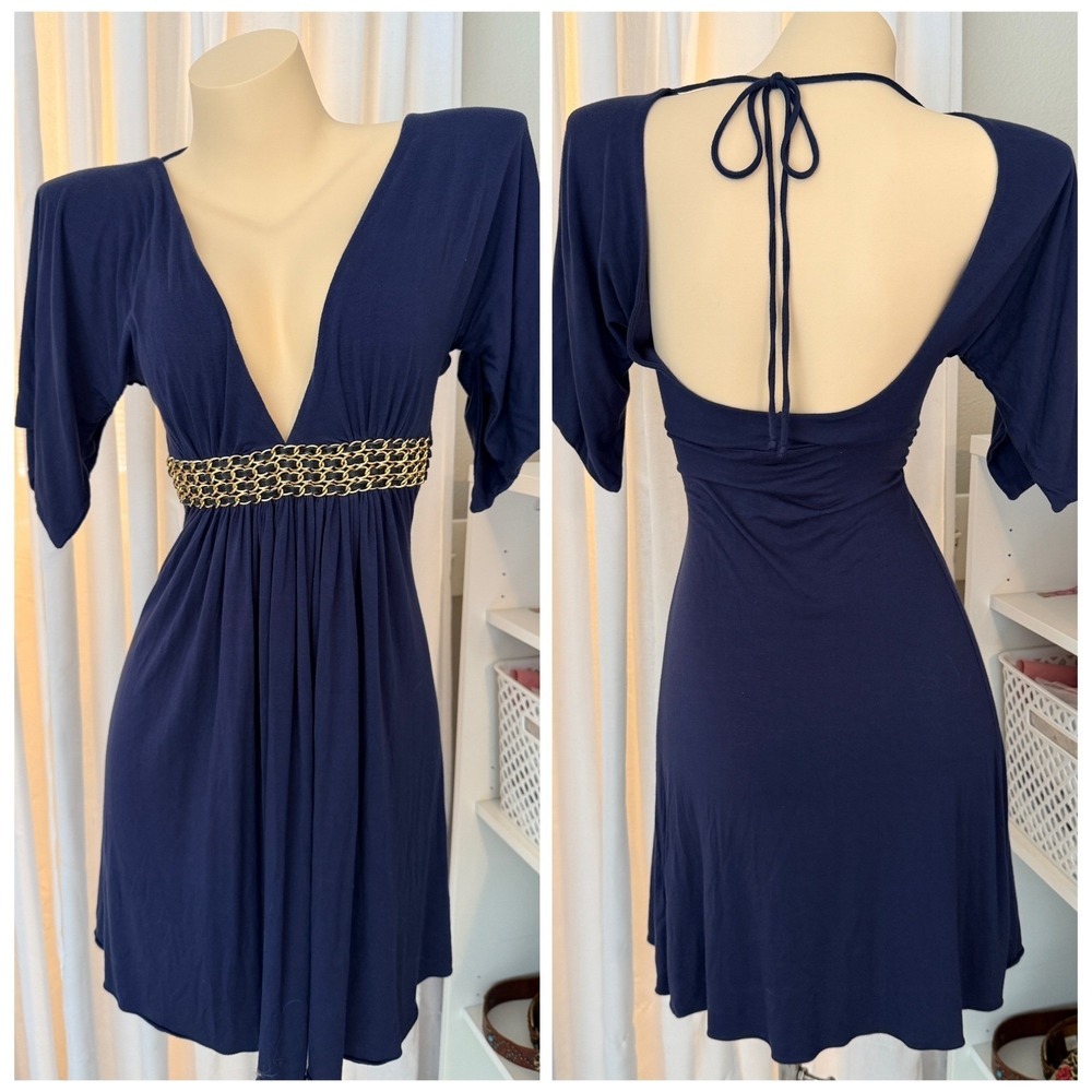 SKY Deep V-Neck Open Back Mini Dress with Gold Chain Empire Waist Detail